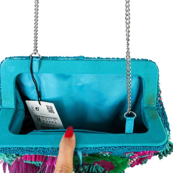 Zara Multicolor Floral Beaded Crossbody Bag with Silver Chain Strap Embellished - Picture 7 of 10